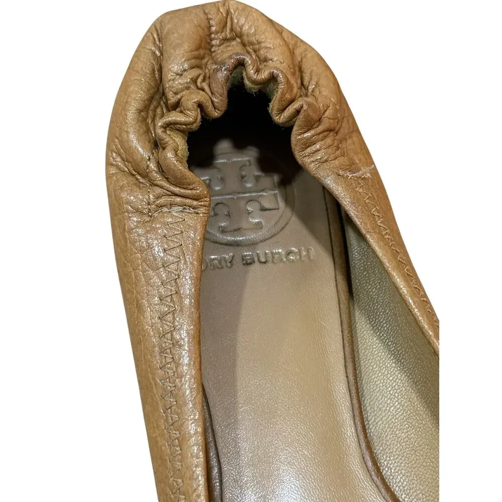 Tory Burch Reva Ballet Flats Brown Cognac Leather Logo Medallion Women's Size 6